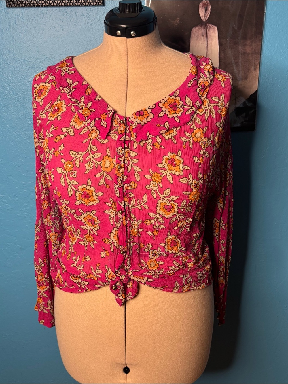 leifsdottir Fuchsia Floral Tie-Front Blouse